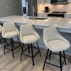 Swivel Bar Stools Set of 3, Modern Counter Height Barstools with Backs, 26'' Upholstered Linen Fabric High Chairs for Island Kitchen, Counter Height C