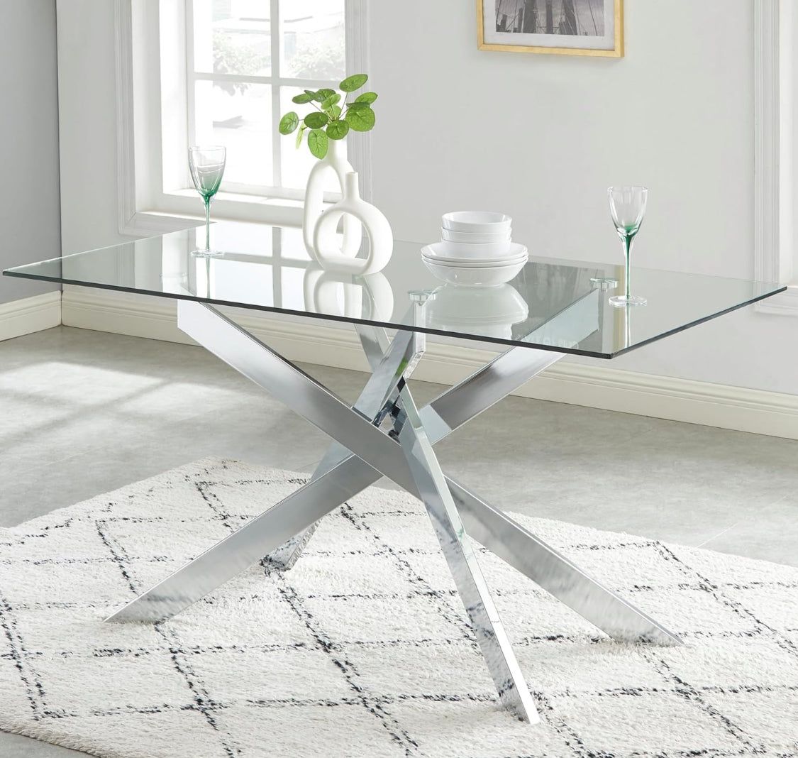 Tempered Glass Dining Table – Modern Design, Chrome Metal Frame, 4 Person Chair Seating, for Kitchen, Dining Room