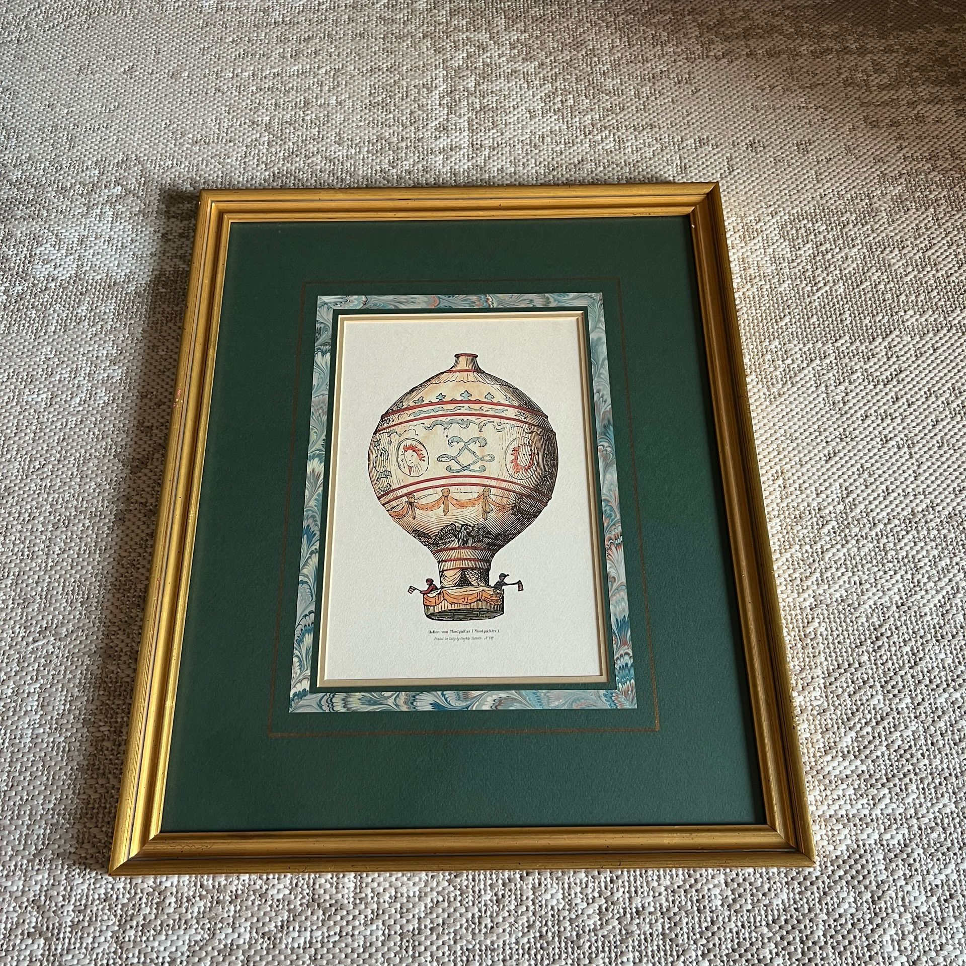 Framed Vintage Hot Air Balloon Illustration – Antique Style Aerostat Print – Thomas Link Group – Gold Frame (price Negotiable)