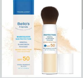 Bella’s Friends SPF 50 Brush-On Mineral Powder Sunscreen, Broad Spectrum Protection for All Skin Types, Translucent, Safe on Scalp, Reef-Friendly, Wat