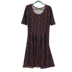 LULAROE Womens Nicole Brown Blue 3/4 Sleeve Midi Dress Size 2XL Fit & Flare