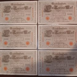 6 Consecutive Serial Numbered Foreign Imperial German Reichsbanknote 1000 Mark
