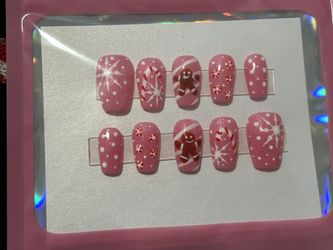 Pink Gingerbread Man/Candy Cane Medium Press Ons