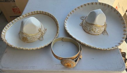 White and Gold Charro Sombrero Set with Belt