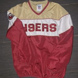 Stylish NFL 49ers varsity jacket. Features bold red and black colors with team logos.