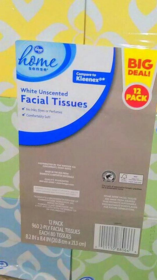 12 pk. Unscented Facial Tissues! 2 ply! New!