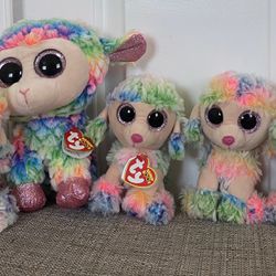 Ty Beanie Boos bundle  -  4 RAINBOW the Tie Dyed Poodle 6in and Daffodil 9in