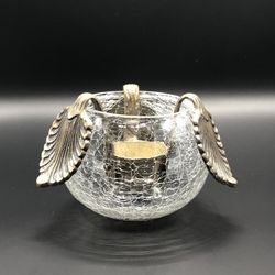 VTG Teleflora Gift Crackle Glass Bowl With Metal Gold Autumn Leaf Candle Holder