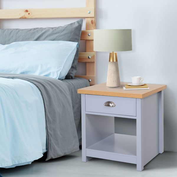 Wood Grain Small Space Nightstand Sofa Table Drawer Bottom Shelf Home - Grey