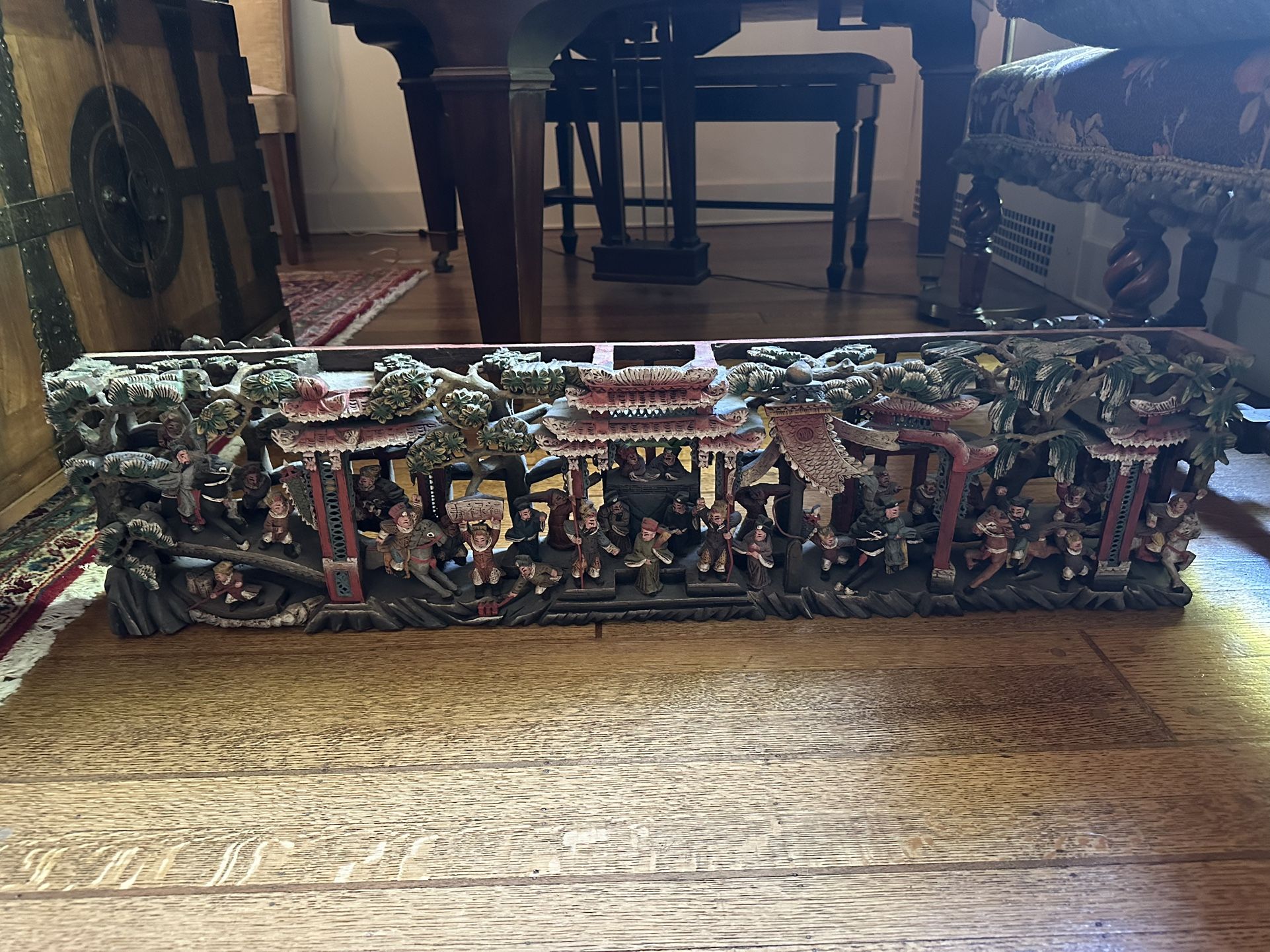 Antique Hand Carved, Painted Asian Architectural Relief