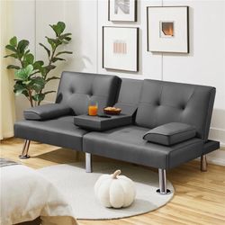 Modern Faux Leather Convertible Futon Sofa Bed with Cup Holders, Gray