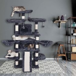 Multi-Level Cat Tower with Condos, Basket, Hammock and Plush Perches for Kittens, Large Cats, Light Grey$110