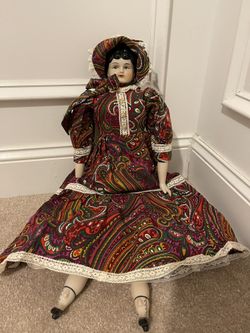 Antique China Doll Red Cheeks Blue Eyes 23 Inch 