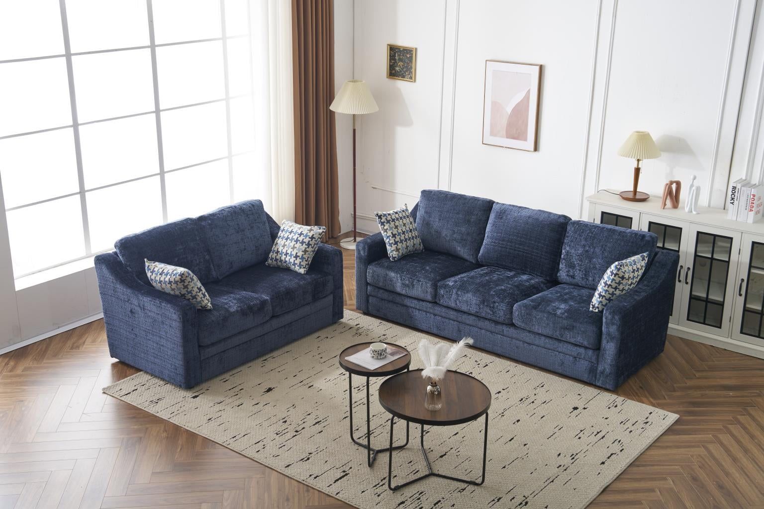 Blue Stationary Sofa And Loveseat