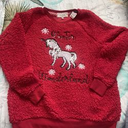 NEW POOF NY Womens Teen Red Fuzzy Sequin Unicorn Winter Christmas SWEATER -SMALL