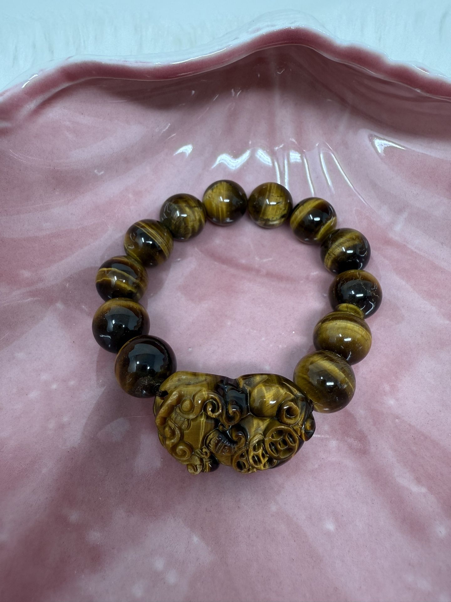 Natural Yellow Tiger Eye Stone 14mm Beaded Bracelet / New