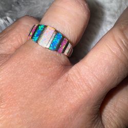 Vintage Zuni Opal Sterling Silver Ring Native American Band, Opal slices, size 7