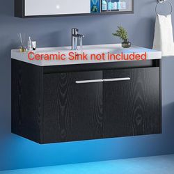 31" Floating Bathroom Vanity. Bathroom Vanities LED Light, Black Bathroom Sink Cabinet with 2 Doors & Metal Handles, Black
