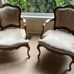 2 Antique Victorian Statement Chairs, Sturdy Botanical Carvings, Pink Upholstery