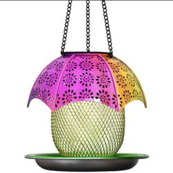 2023 New Solar Bird Feeders Outdoors Hanging With Automatic Color Changing LED Lights, Metal Wild Bird Feeders Provides 2LBs Capacity, Hanging Bird Fe