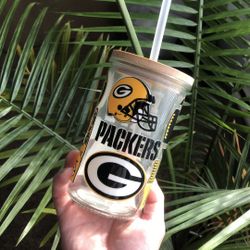 GreenBay Packers Libby Glass Cup With Bamboo Lid And Straw