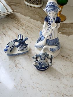 Vintage Blue White Hand Painted Delft Style Figurine Lot Dutch Girl Goose Boy