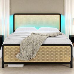 LED Bed Frame Queen Size With Metal Mesh Rattan Headboard/Footboard, Bed With LED Lights