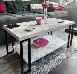 Marble-Like Top Coffee Table with Lower Shelf