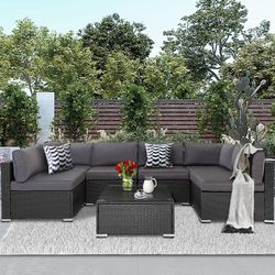  7-Piece Outdoor Patio Furniture Sofa Set Black Rattan Wicker Sectional Conversation Sets with Glass Top Table and Cushions(