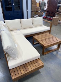 New assembled. 4-Piece Acacia Wood Patio Furniture Set, L-Shaped Sectional Sofa with Cushions and Coffee Table,