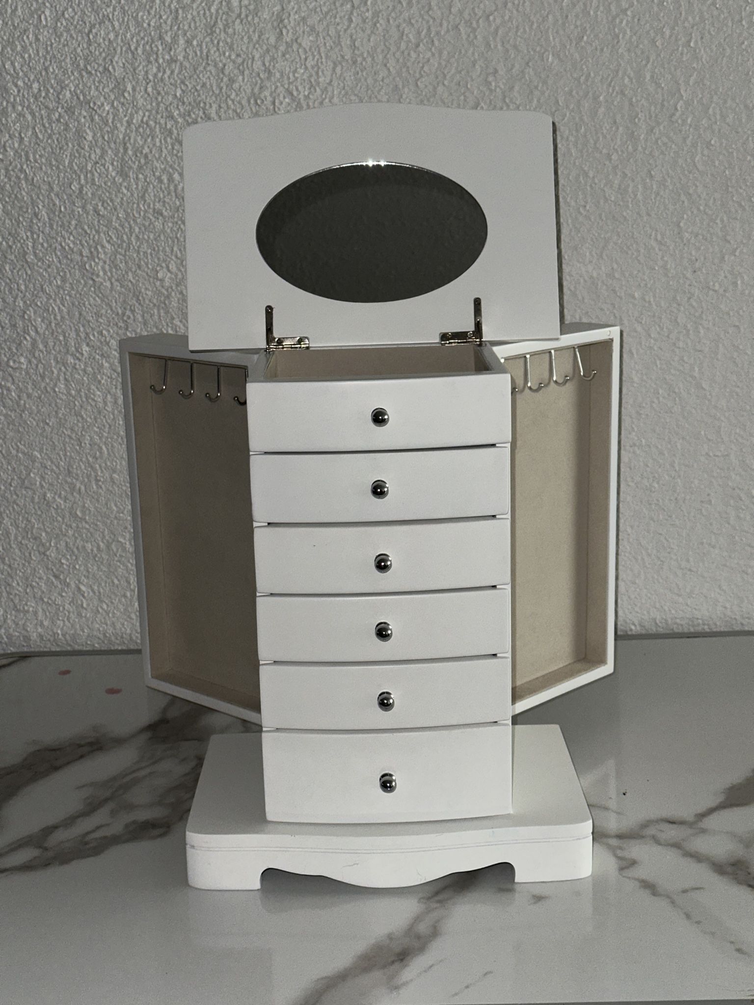 Jewelry Box - Made of Solid Wood with 4 Drawers Organizer and Built-in Necklace Carousel and Large Mirror White