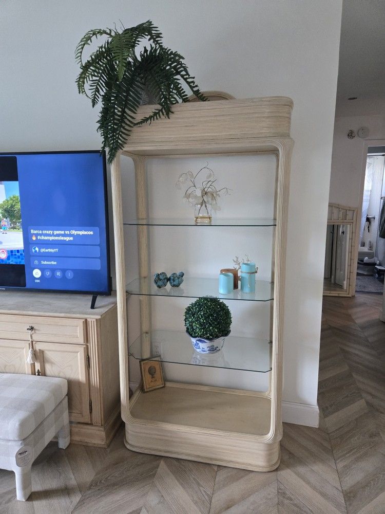Pencil Reed Bettie Cobonpue Style Rattan Shelf Etagere With Glass Shelves
