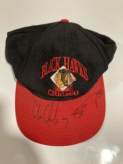 Autographed Blackhawks Hat - HOFer Chris Chelios + Steve Smith/Brian Noonan/Jeff Shantz
