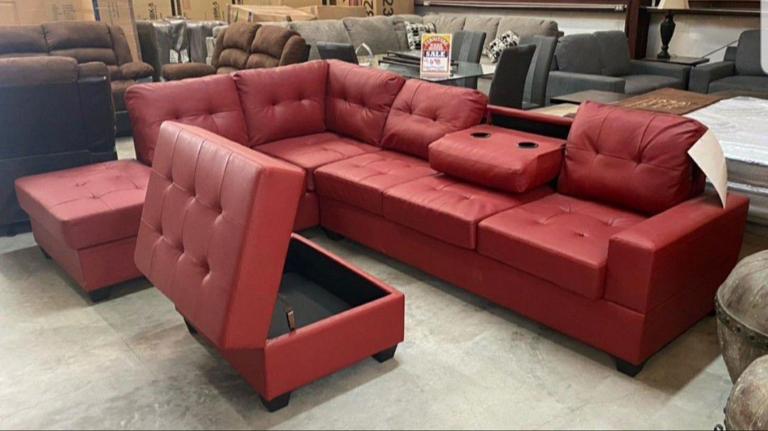 New Red Leather Sectional And Ottoman 