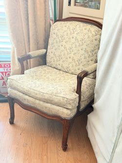 French Provincial Louis XV Bergere Armchair With Carved Wood Frame & Petite Floral Upholstery