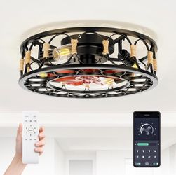 20" Caged Ceiling Fan with Lights and Remote, Low Profile Flush Mount Ceiling Fan, Enclosed Bladeless Fandelier with Silent DC Motor, Reversible 6 Spe