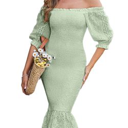 BRAND NEW IN BAG BerryGo Women's Embroidery Smocked Bodycon Short Puff Sleeve Shirred Dress Off Shoulder Ruffle Hem Party Cocktail Mermaid Pencil XL