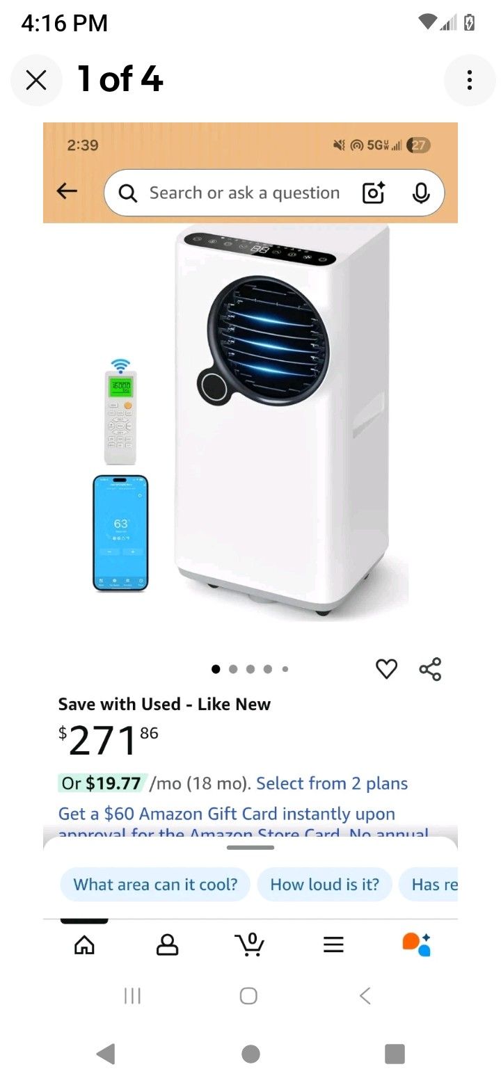 Portable AC Unit, 1600 BTU With Remote 