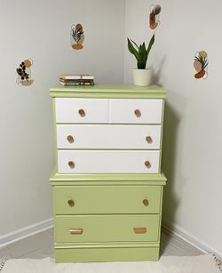 Boho Chic Tall 5 Drawer Dresser In Antique Green And White 