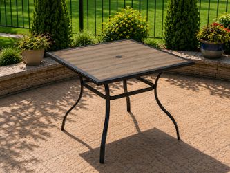 Anmutig Outdoor Dining Table with Square Wooden-Like PVC Table Top and Umbrella Hole for Bistro, Garden, Poolside, Backyard -Laminated Top Black Metal
