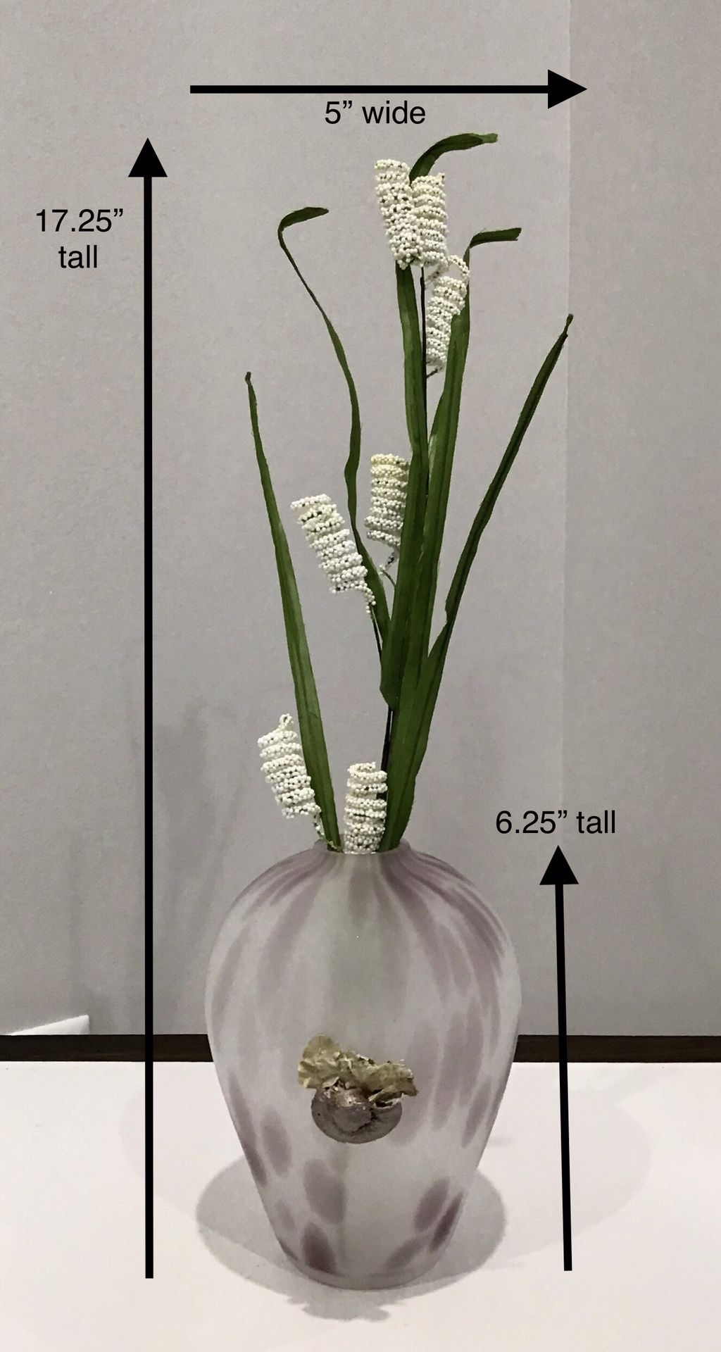 Unique Very Pale Purple Frosted Glass Vase w/ Darker Spots, Attached Shell Accent & White Bouquet