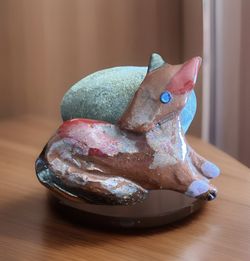 Vintage Brown Ceramic Sitting Fox Or Dog? Brooch Folk Art