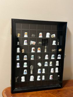 Modern made Knick knack cabinet shelf with collection of 44 thimbles