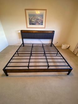 Metal Platform Bed Frame with Upholstered Headboard