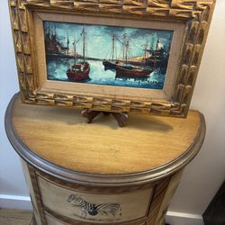 Mid Century Painting on Canvas by Georges Genele Boats