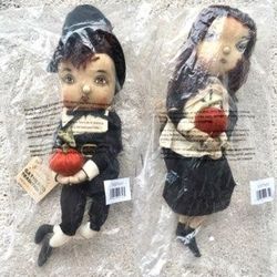 New Joe Spencer’s Gathered Traditions Pilgrim Adam and Eve Shelf Sitters Thanksgiving Dolls