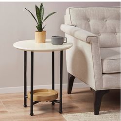 Madison Park Beumont Round End Table for Living Room, Accent Side Table with Natural Wood Shelf, Metal Legs, Modern Compact Accent Table for Small Liv