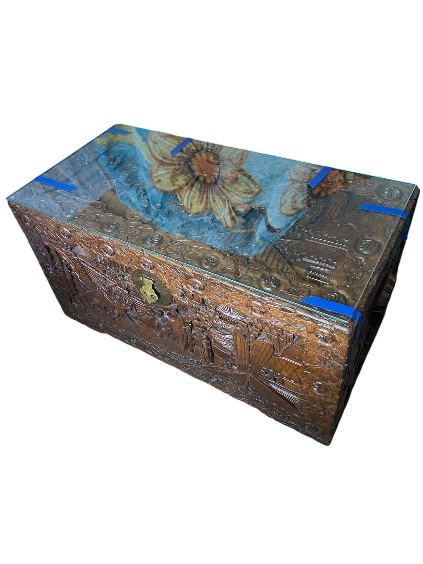 Vintage Chinese Carved Camphor Wood Hope Chest with Glass Cover 40x20x20