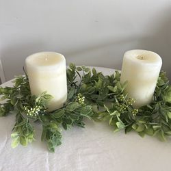White Pillar Candle Set of 2 with Greenery