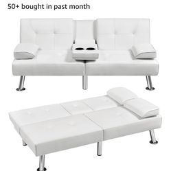 Retro White Faux Leather Couch/bed